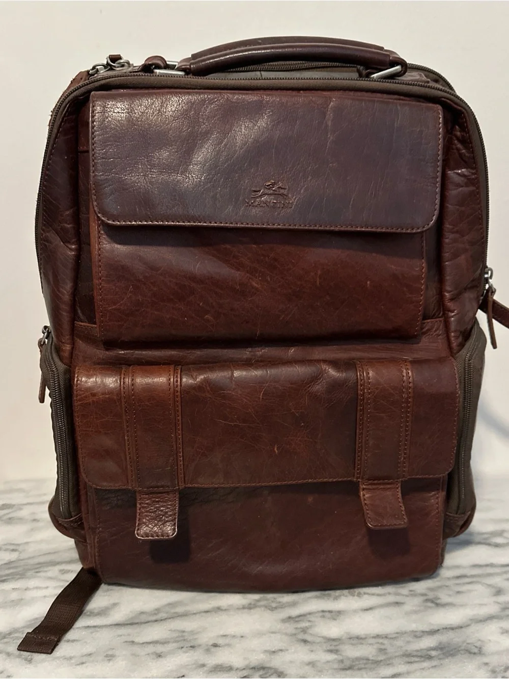 Mancini Brown Leather Men's Backpack - Classic Travel & Work Bag RFID